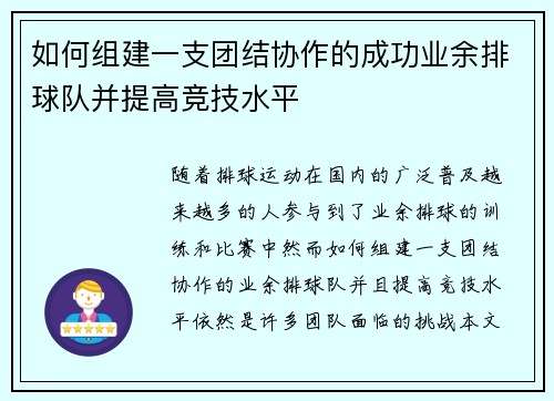 如何组建一支团结协作的成功业余排球队并提高竞技水平